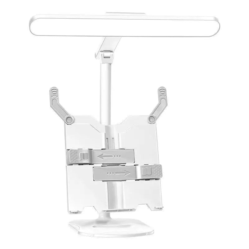 Adjustable desk lamp with a small attached shelf, showing three light temperature settings and a rechargeable battery.