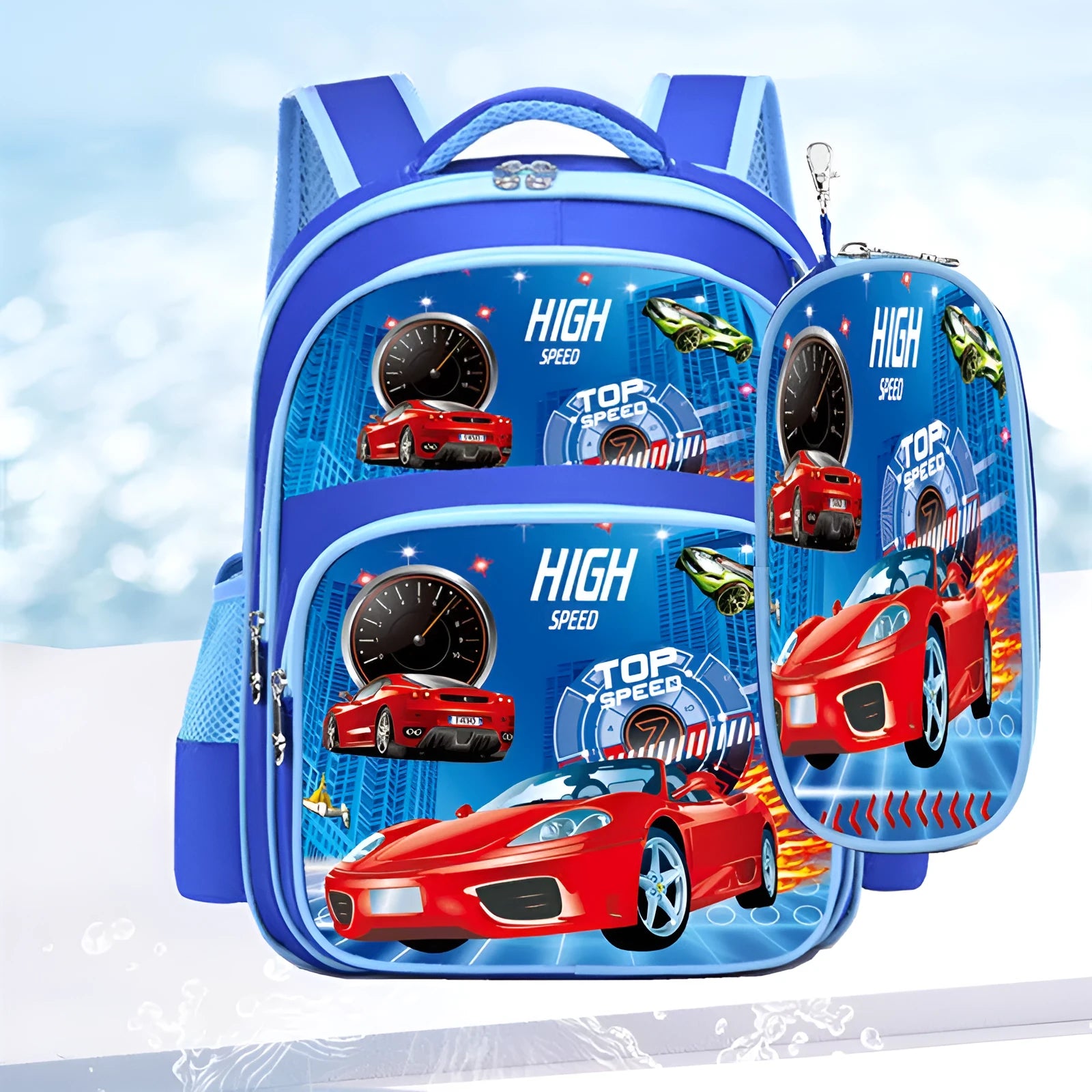Blue cartoon print children's nylon school backpack with pencil case, shown with front pocket.