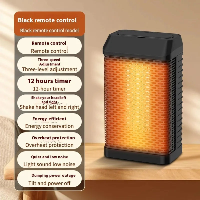 Black remote control desktop smart heater with compact rectangular design on a wooden surface.