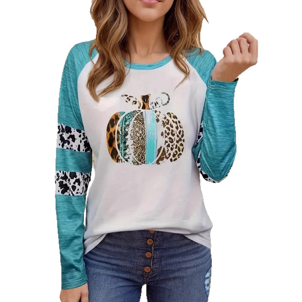 Sky blue Halloween pumpkin 3D print casual T-shirt with long sleeves and polyester fabric