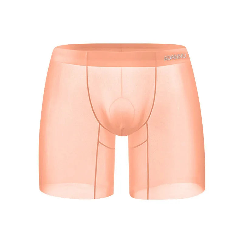 Men's low waist boxer shorts in orange ice silk fabric showing front and back views