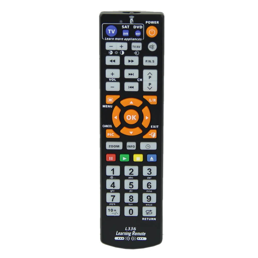 Black L336 learning remote control for audio equipment with full key programming buttons