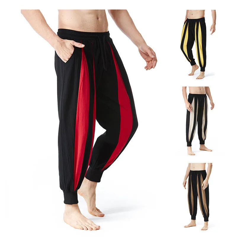 Man wearing straight-fit casual trousers in red, made from polyester, suitable for spring.