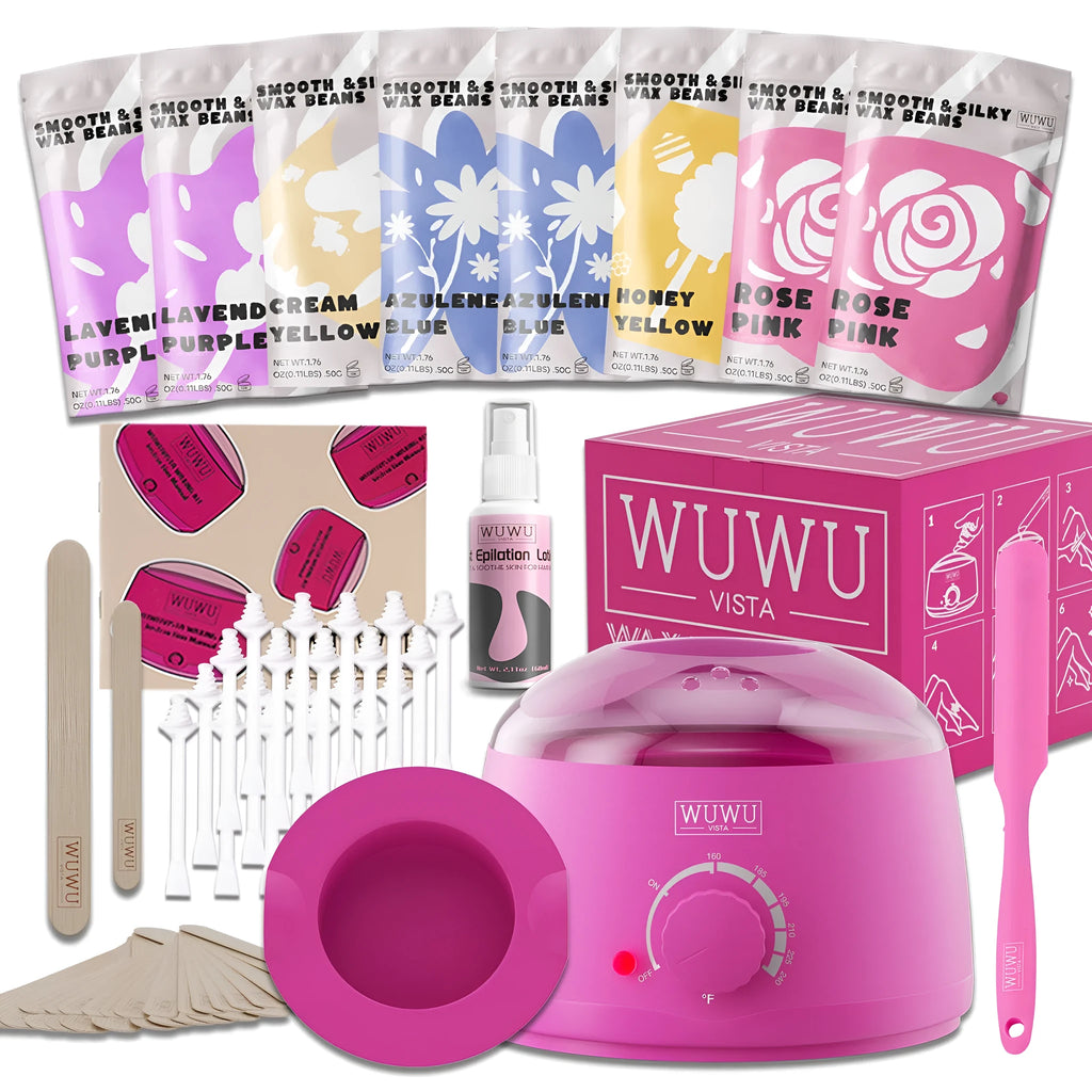 WUWUVISTA 63-piece waxing kit with black wax warmer, wax beans, application sticks, and lotion