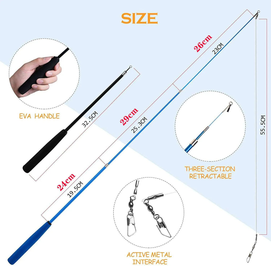Cat teasing pole set showing two handheld fishing rods with feather replacement heads