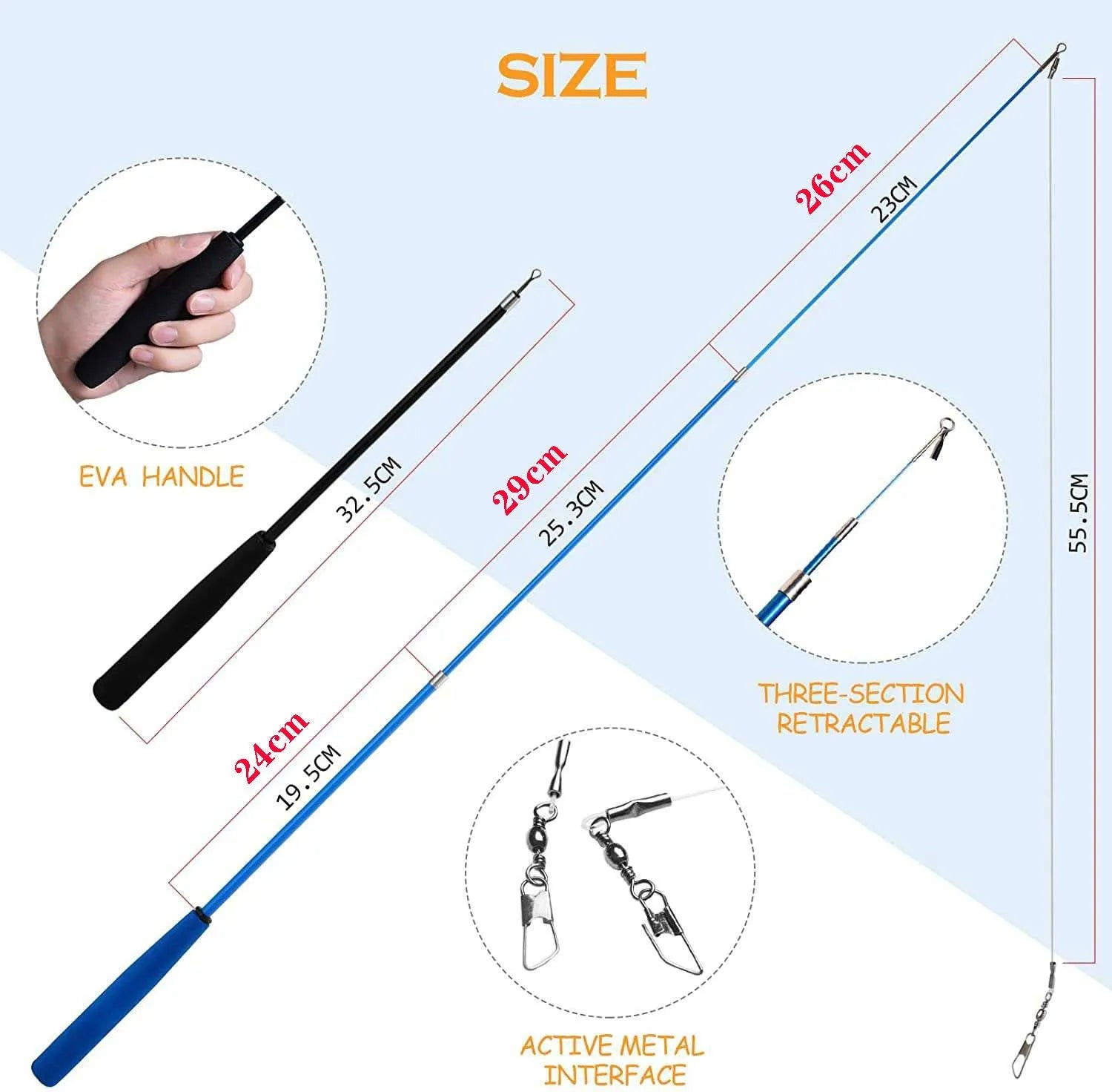 Cat teasing pole set showing two handheld fishing rods with feather replacement heads