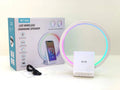 White Bluetooth speaker with wireless charging surface and ambient lighting, dimensions 225mm by 200mm