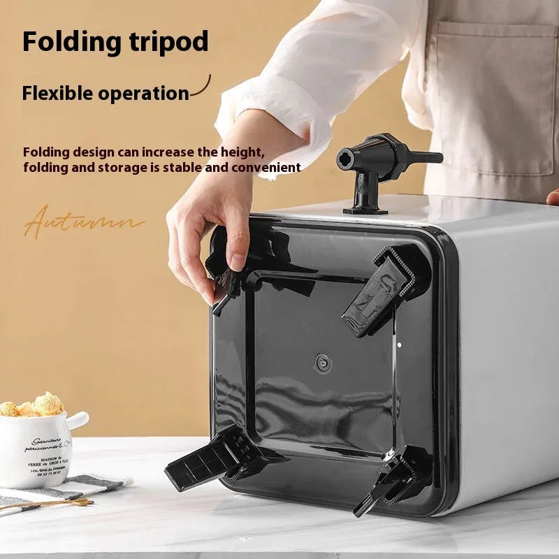 Square silver stainless steel milk tea bucket with locking lid, 8-litre capacity.