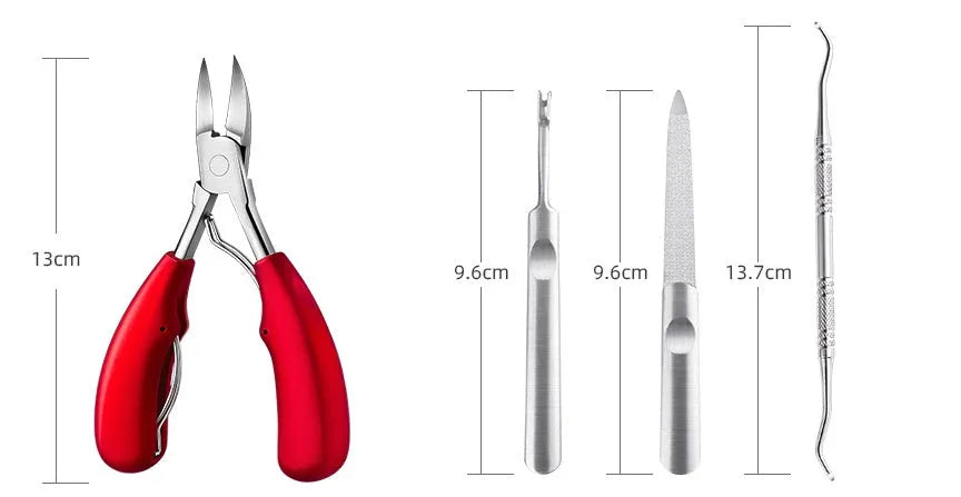 Stainless steel nail clippers set with red, blue, and black ABS handles and cuticle scissors.