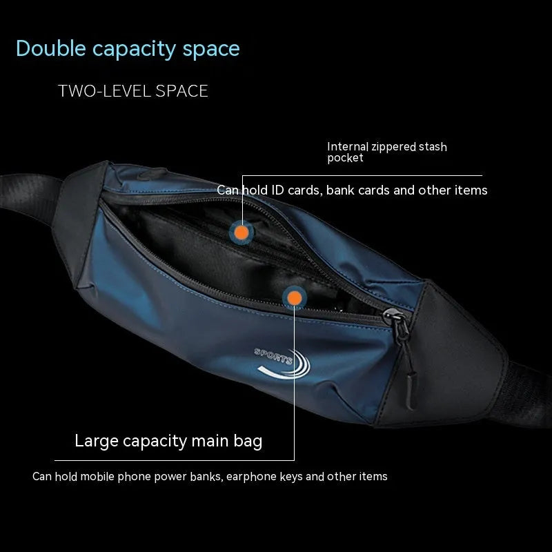 Men's black sports waist bag made from water-resistant Derm Oxford polyester, showing 45cm wide compact design