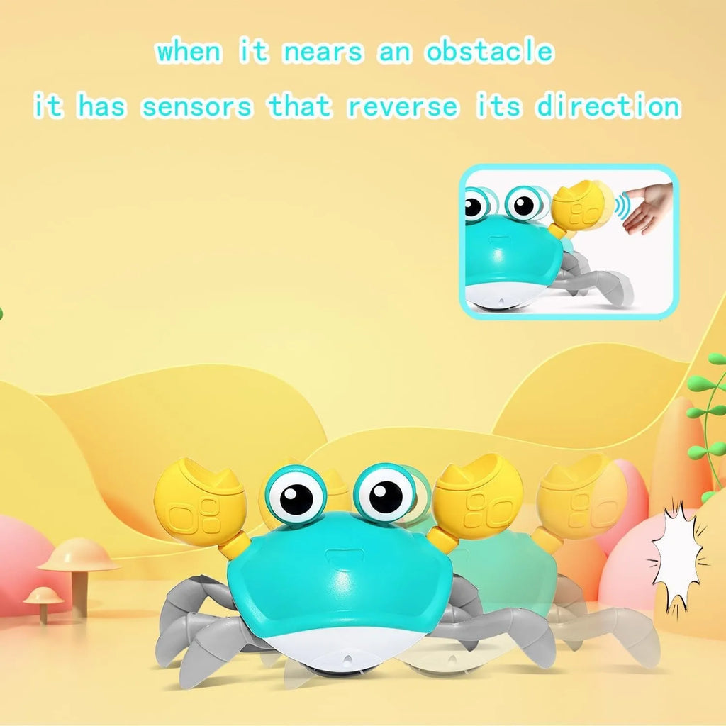 Blue electronic crawling crab dog toy with obstacle avoidance sensors on floor