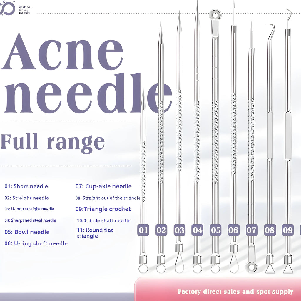 Four metal acne needle tools with pointed tips on a white background.