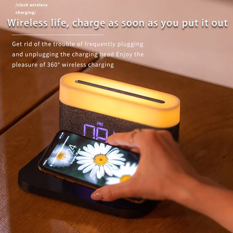 Wireless charging desktop clock night light lamp in black or white glass and ABS construction