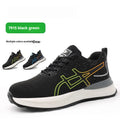 Black and blue low cut safety protective shoes with flying mesh and rubber tendon construction for anti-smashing and 6kV insulation.