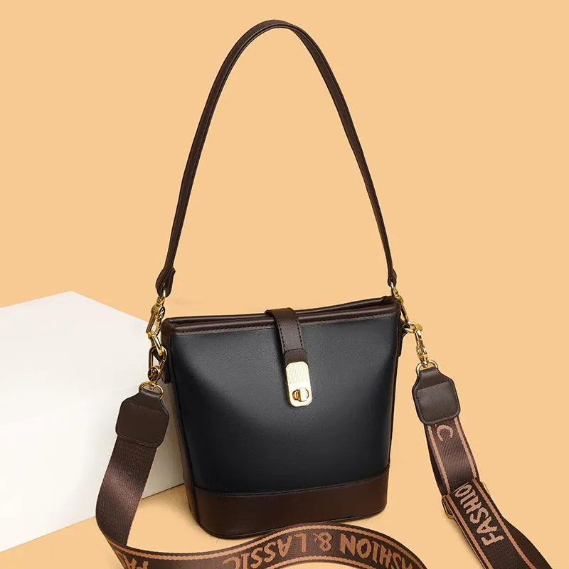 Korean style soft PU leather bucket bag in black with double shoulder straps and external sandwich pocket