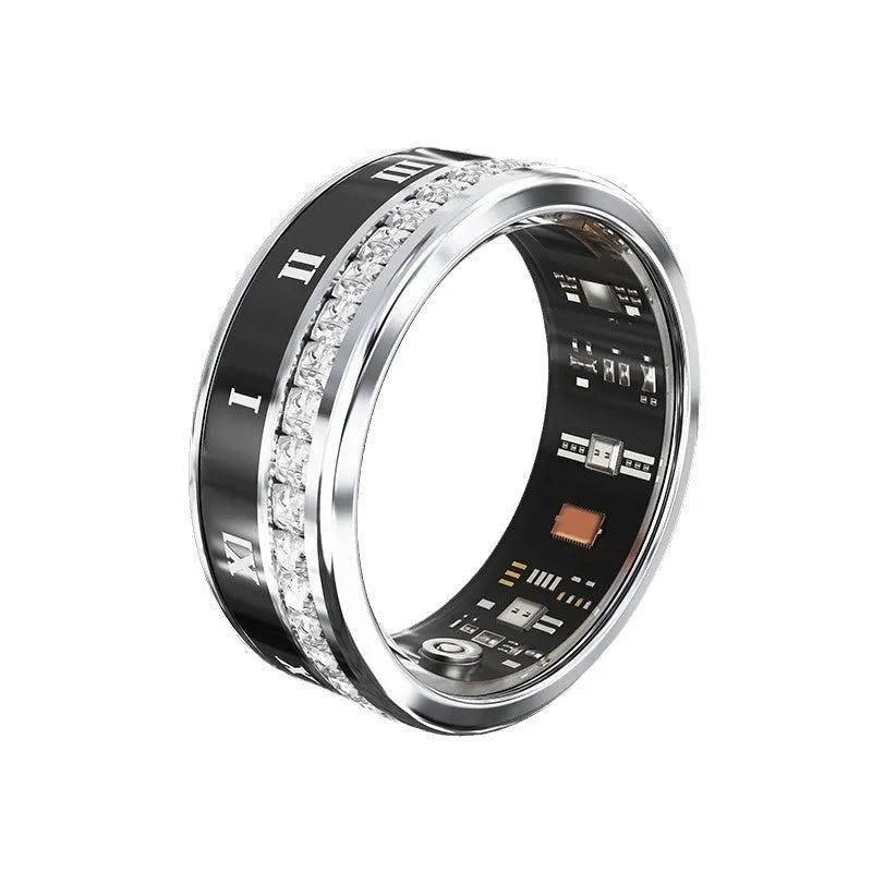 Silver and gold smart ring with diamond inlay on a finger, showing its health monitoring design.