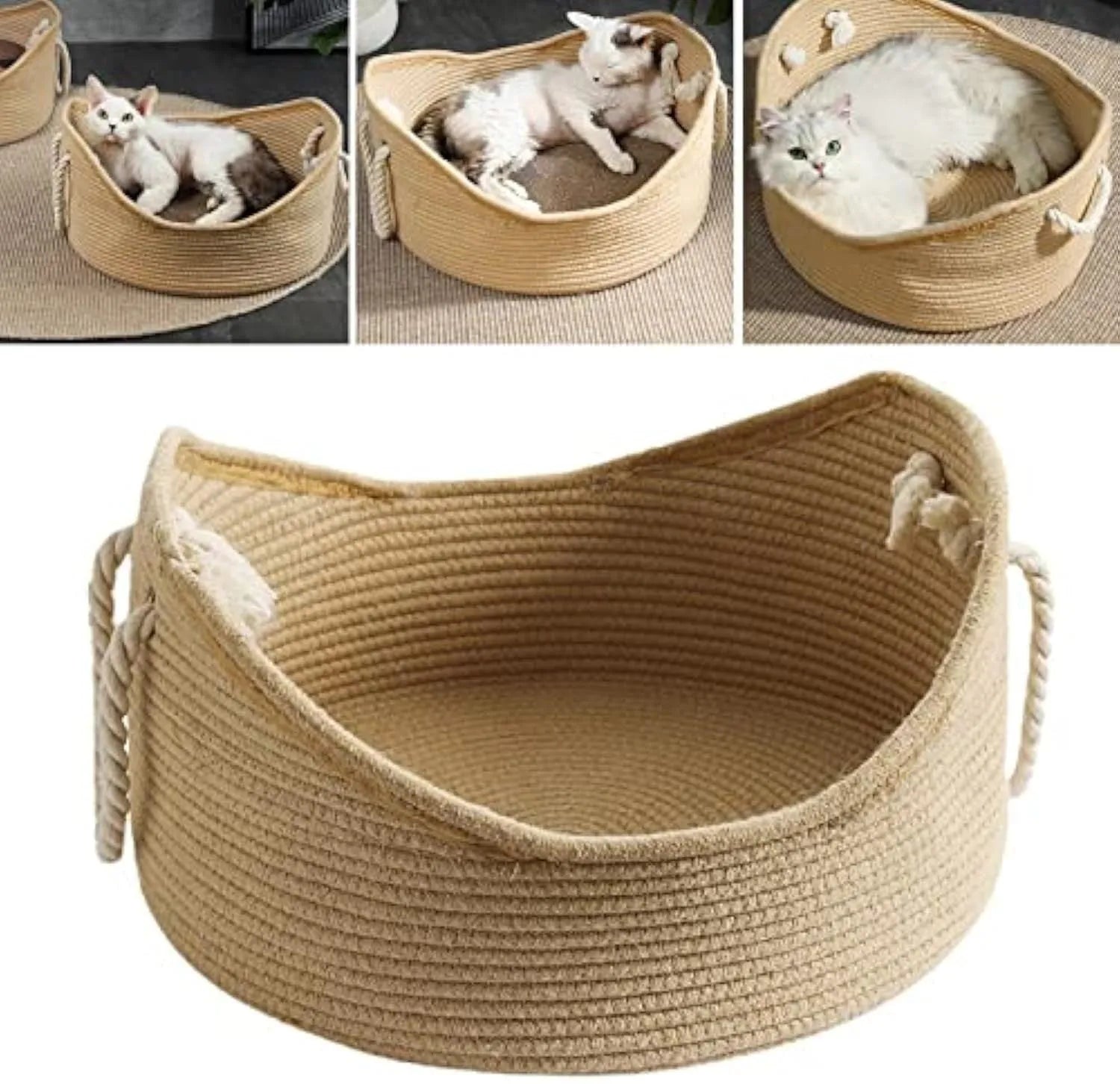 Wicker-style cat bed basket with corrugated scratching surface in two size options