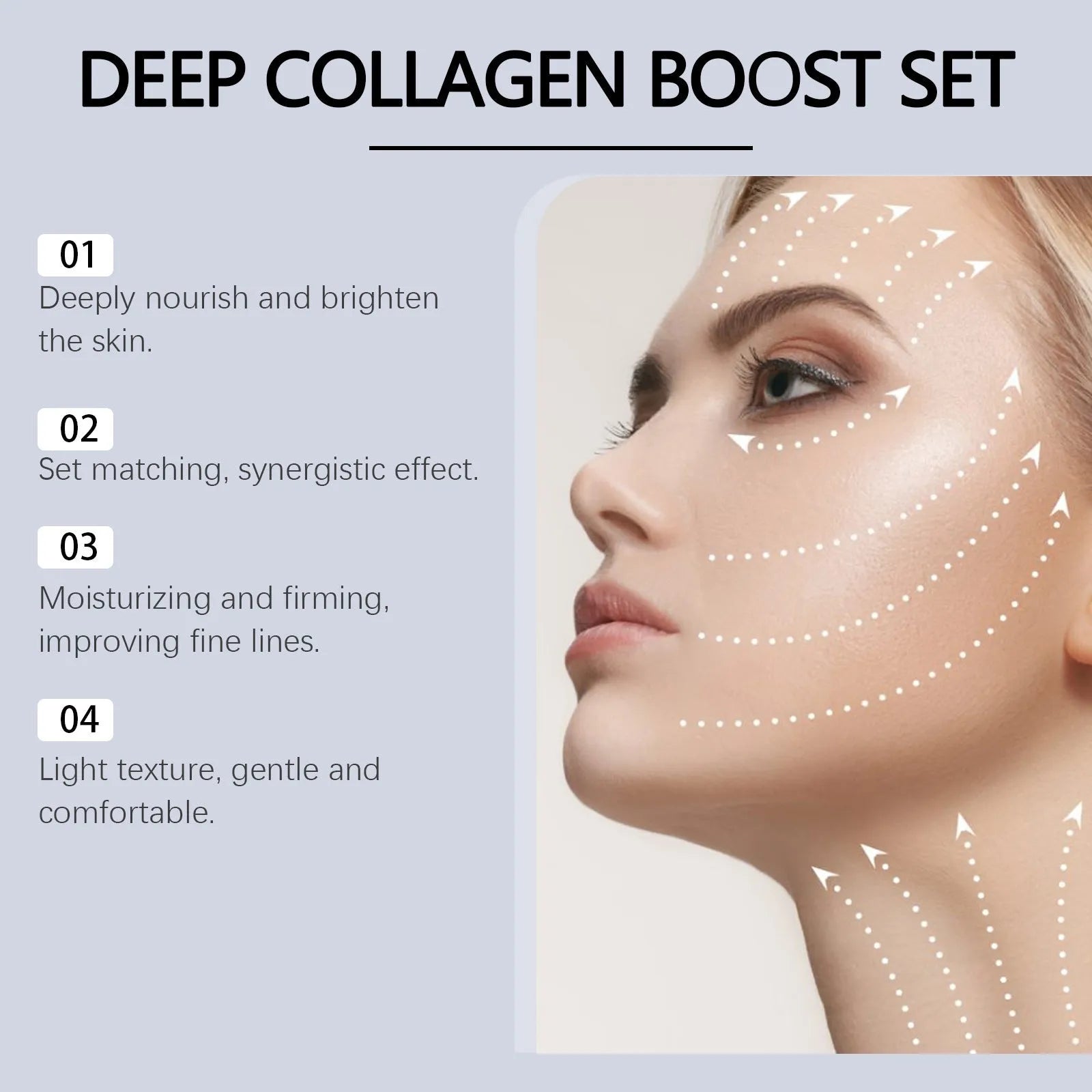 Individually packaged collagen moisturising suit facial sheet mask with 30ml essence.