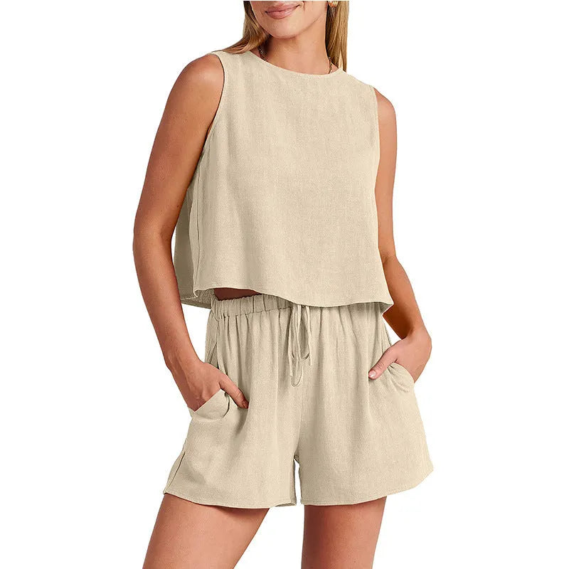 Women's rayon linen summer 2-piece set showing sleeveless top and drawstring shorts