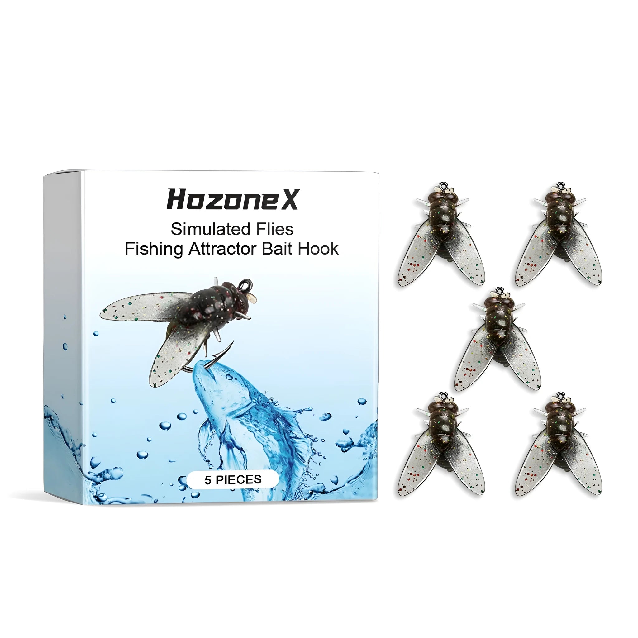 Five small 1.5cm green soft plastic insect imitations for fishing on a hook.