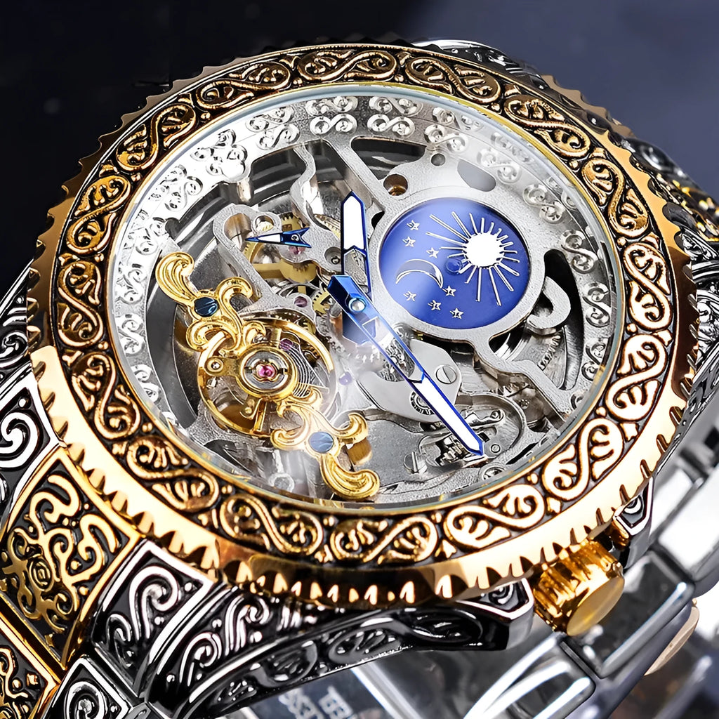 Forsining skeleton carved tourbillon mechanical watch with stainless steel case and band