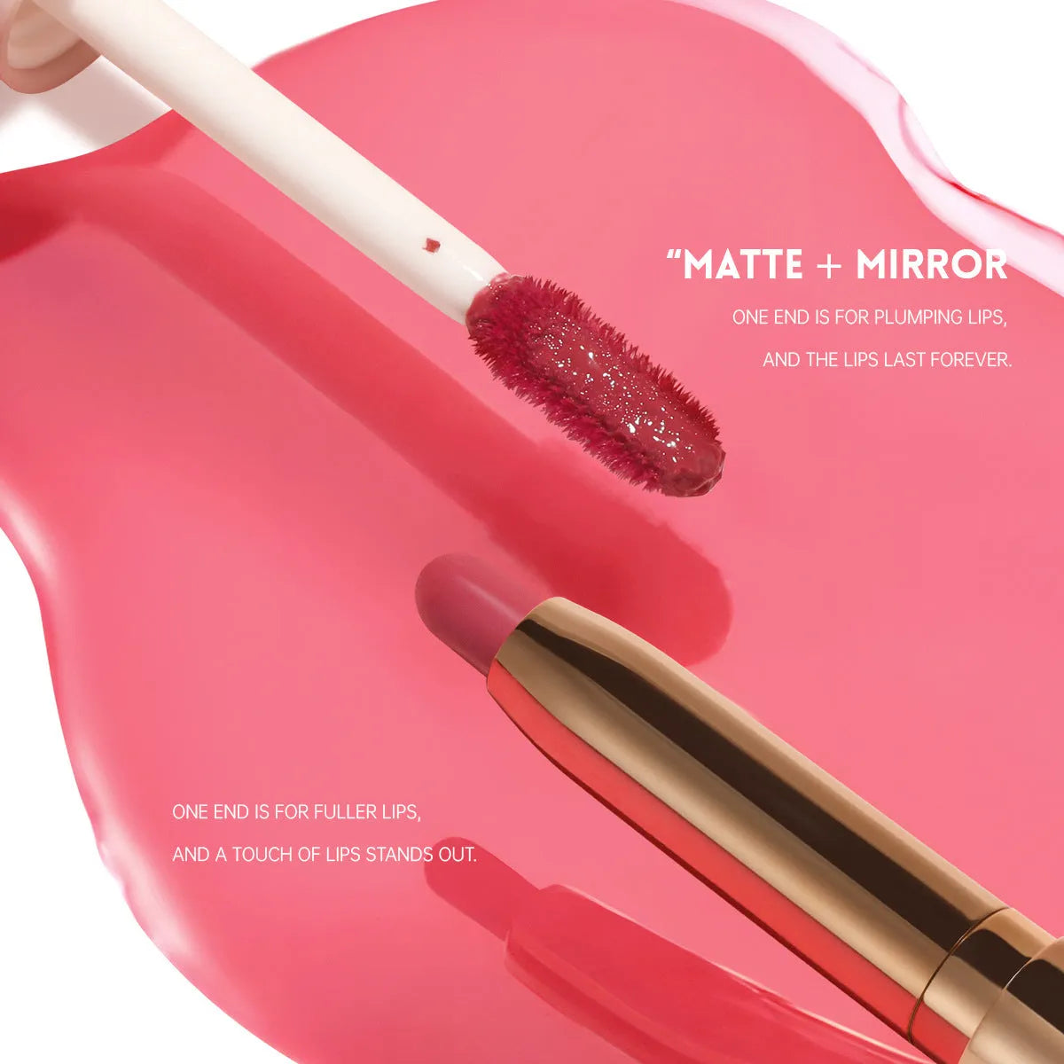 Double-ended lipstick and lip gloss stick showing matte lipstick bullet and glossy applicator