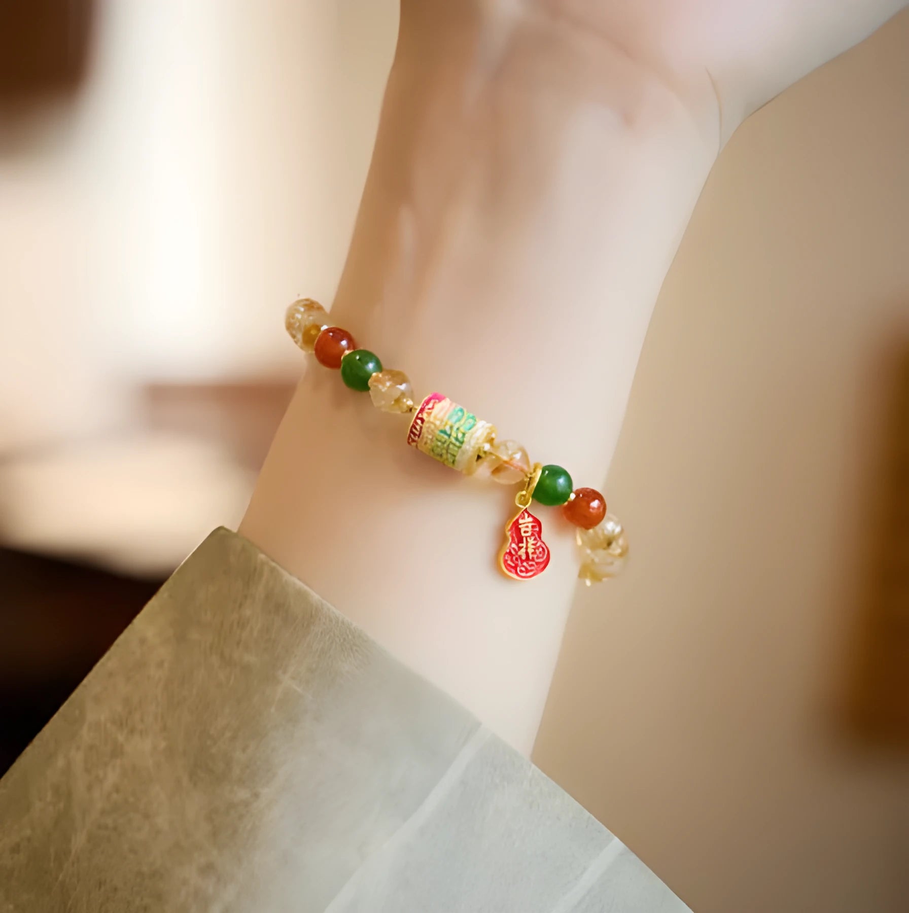 Hand-woven citrine five-sutra bracelet with 6mm geometric crystal beads