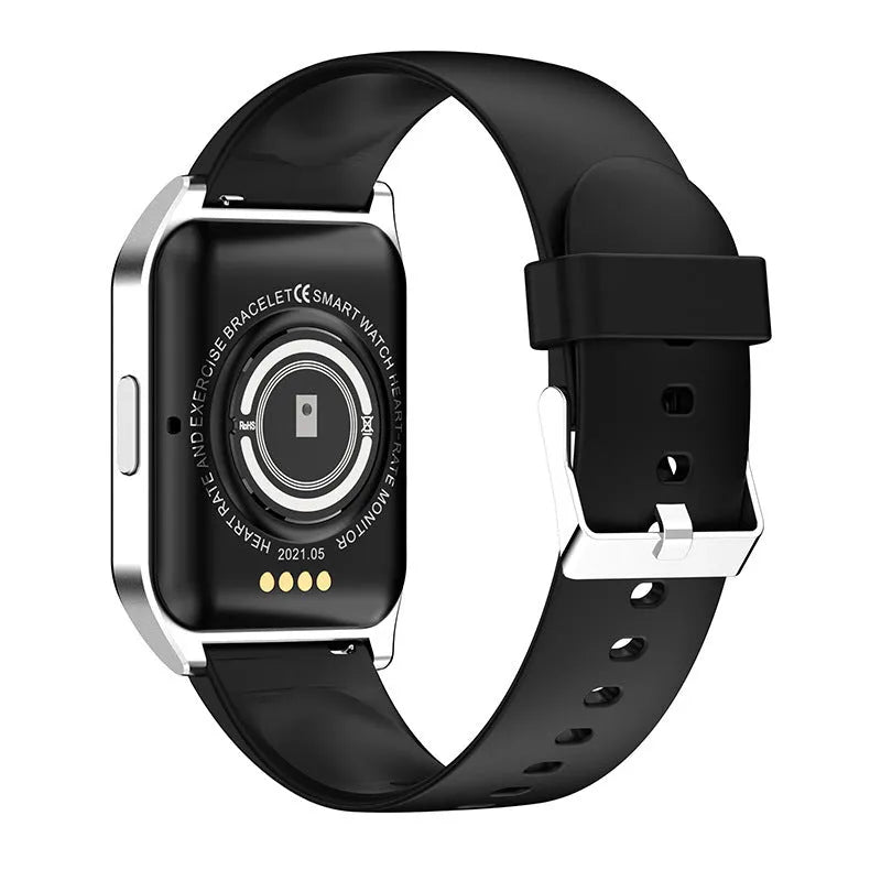 Black or silver smart watch with 1.69 inch screen showing heart rate display and Bluetooth connectivity