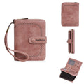 Women's black PU leather zip coin purse with an integrated card slot, shown closed.