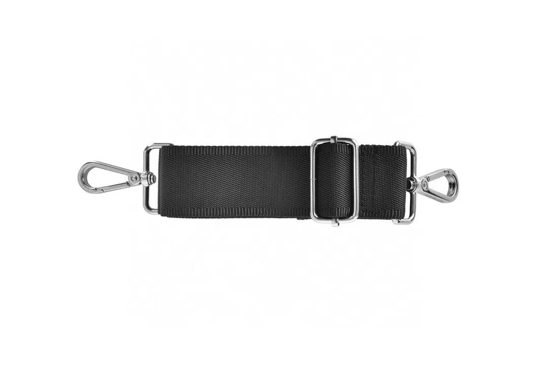 Black Oxford cloth laptop backpack showing multiple organisational pockets and a lock on the front.