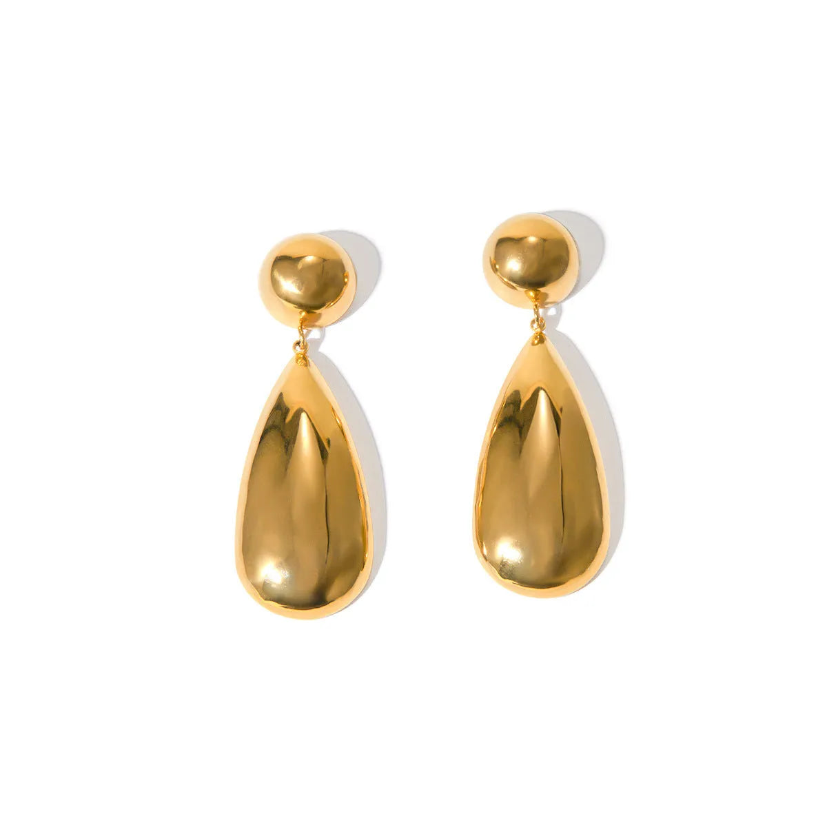 Gold electroplated stainless steel earrings with geometric water droplet hemisphere pendant design