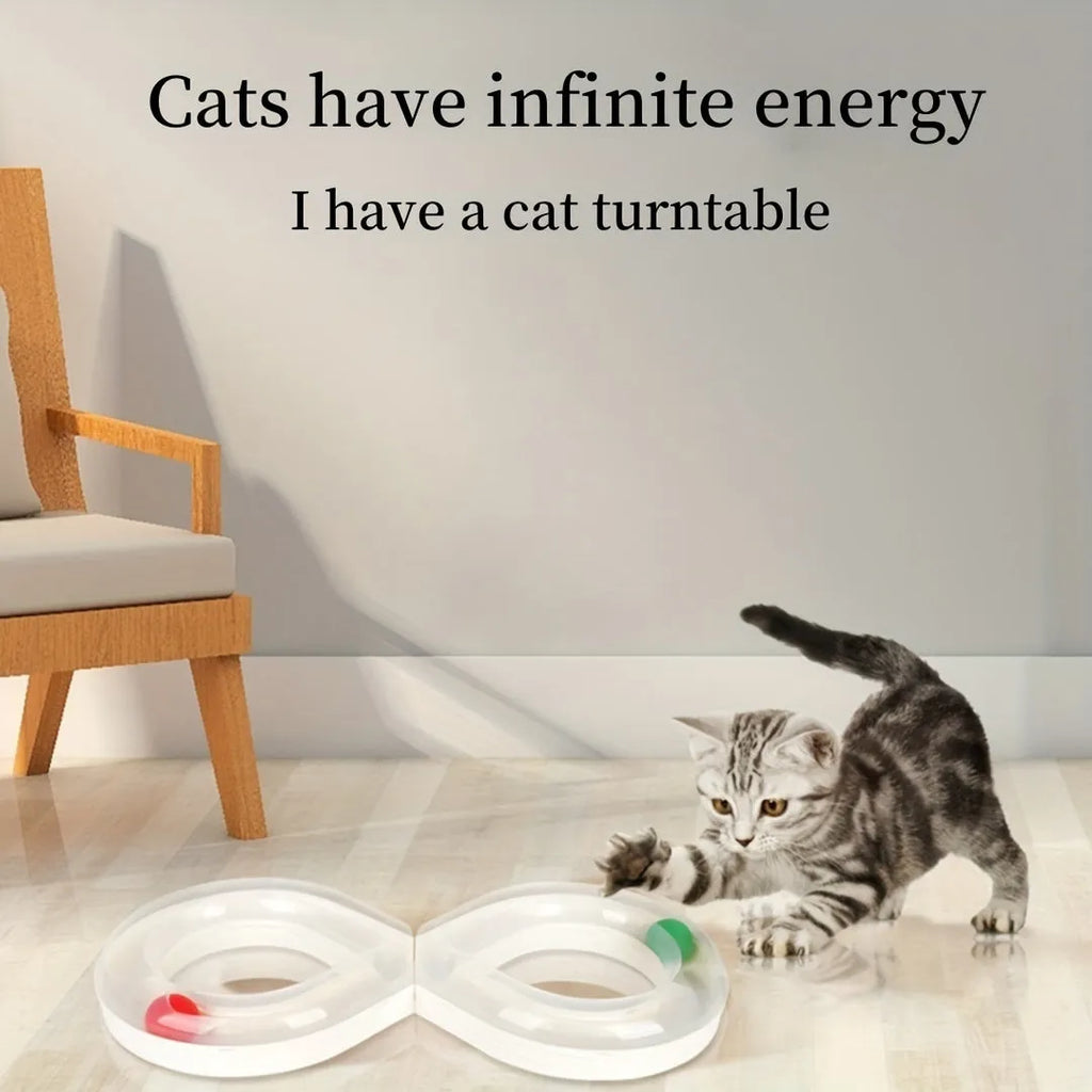 Blue and white cat turntable track ball toy with built-in teaser stick measuring 50 cm