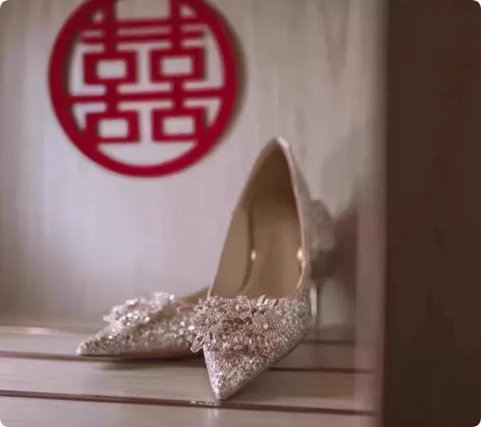 Champagne coloured pointed-toe wedding heels with rhinestone flower pattern, shown with different heel height options.