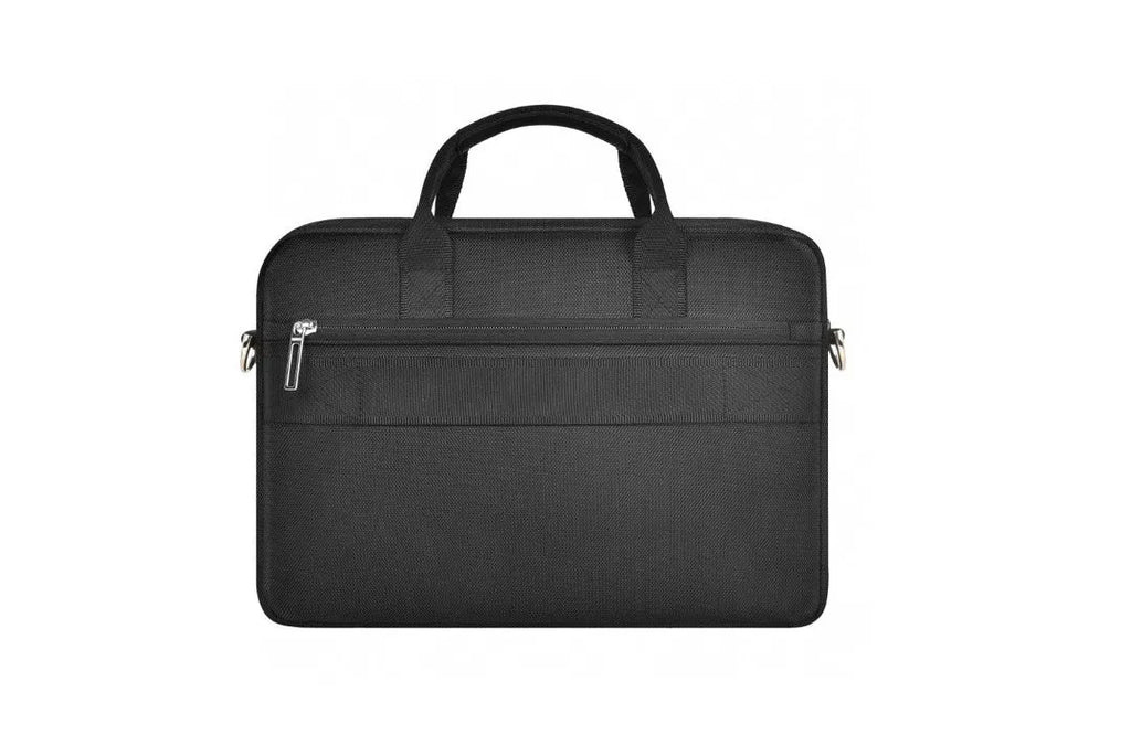 Black Oxford cloth laptop backpack showing multiple organisational pockets and a lock on the front.