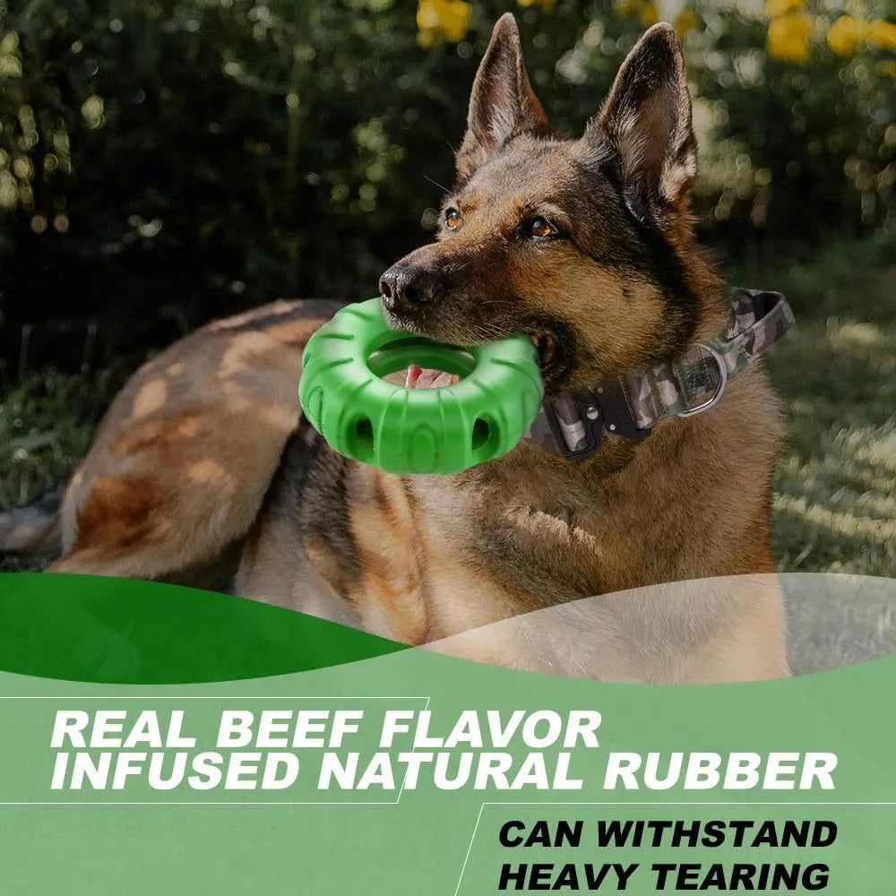 Blue natural rubber tyre-shaped dog chew toy and slow feeder with six oval openings.
