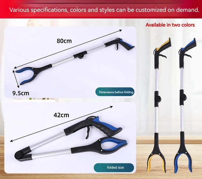 Foldable aluminium rubbish clamp with magnet, shown extended to 80cm and folded to 42cm with blue handle
