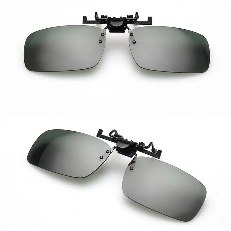 PC plastic clip-on sunglasses for prescription glasses in grey, dark green, and night vision tints