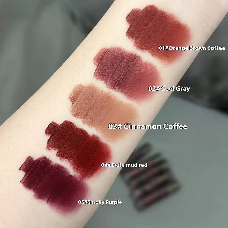 Matte liquid lipstick tube showing five colour options including orange brown coffee and jujube red