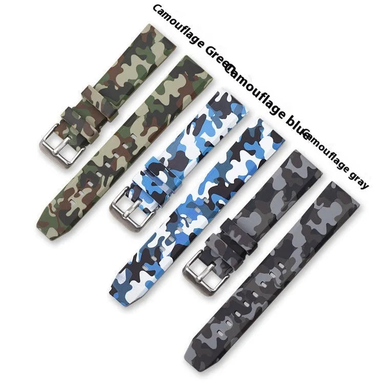 Silicone camouflage pattern watch strap in blue, grey and green, showing flat head ends.