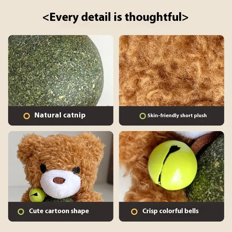 Plush catnip ball toy with bell in brown bear design, showing 15cm height with attached catnip ball
