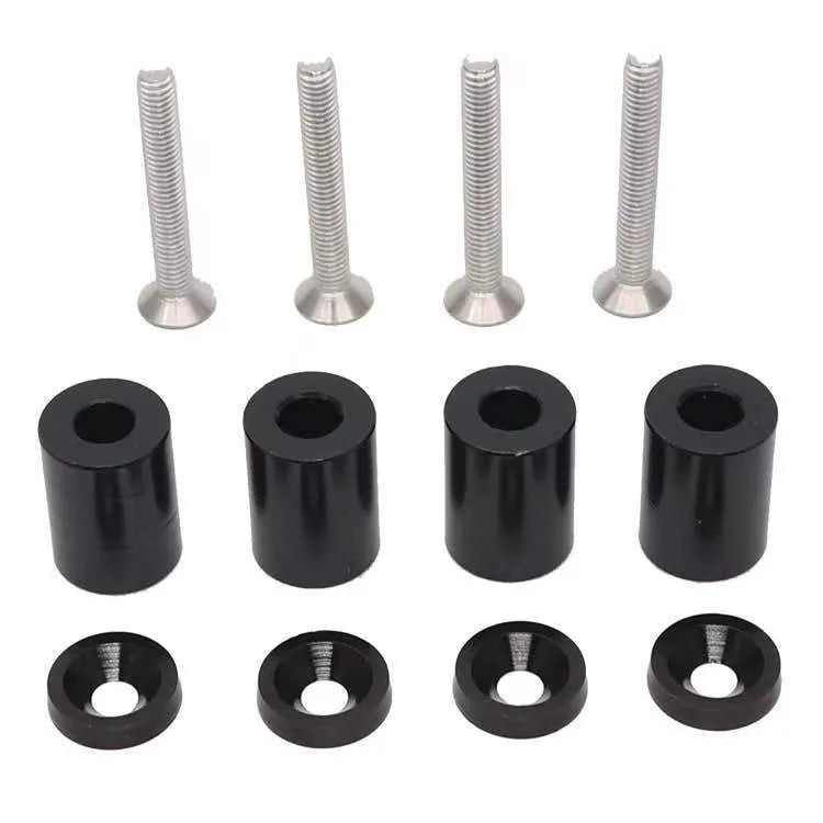 Aluminium engine cover spacer kit with screws, nuts and washers in black, blue and red colours