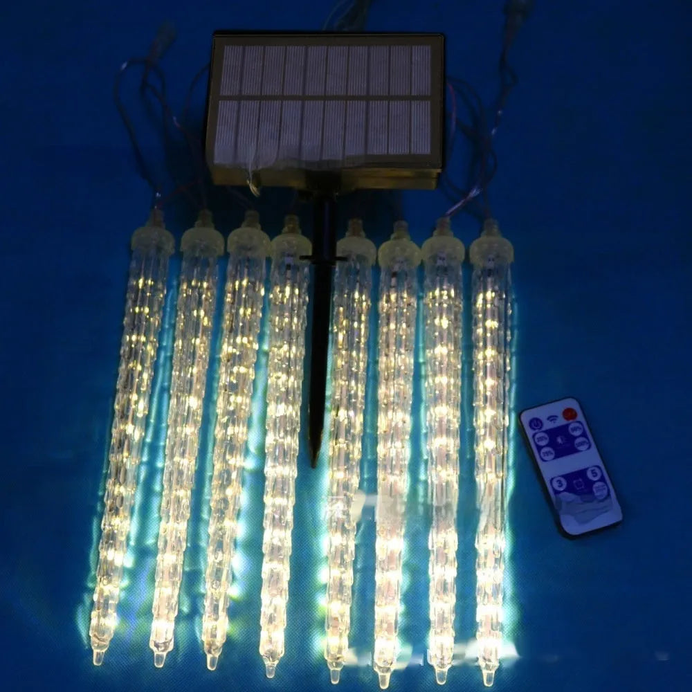 Solar-powered LED ice cone meteor shower festoon lamp with remote control on a bracket.
