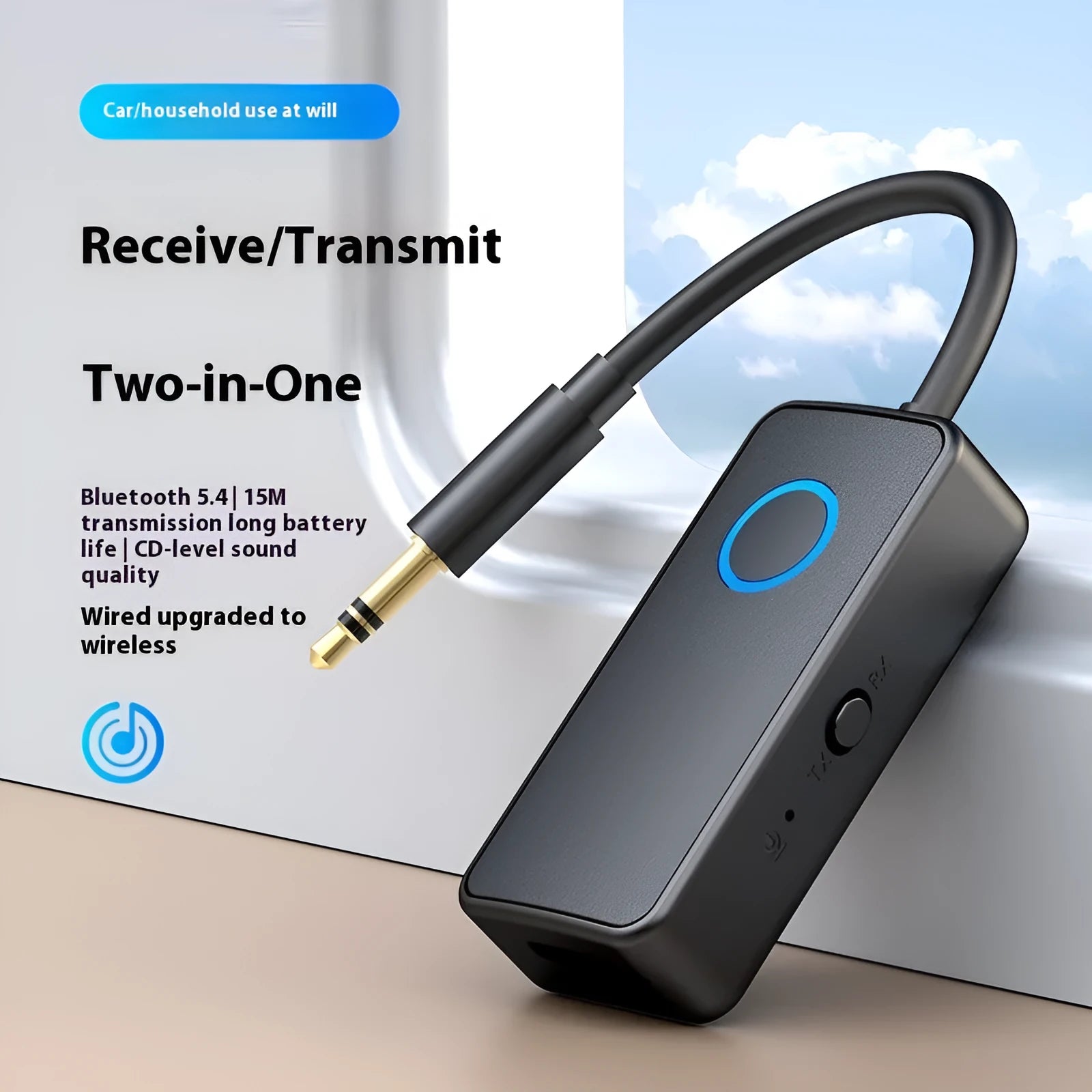 Black Bluetooth 5.4 audio adapter with 3.5mm plug for wireless connection to car stereos and speakers
