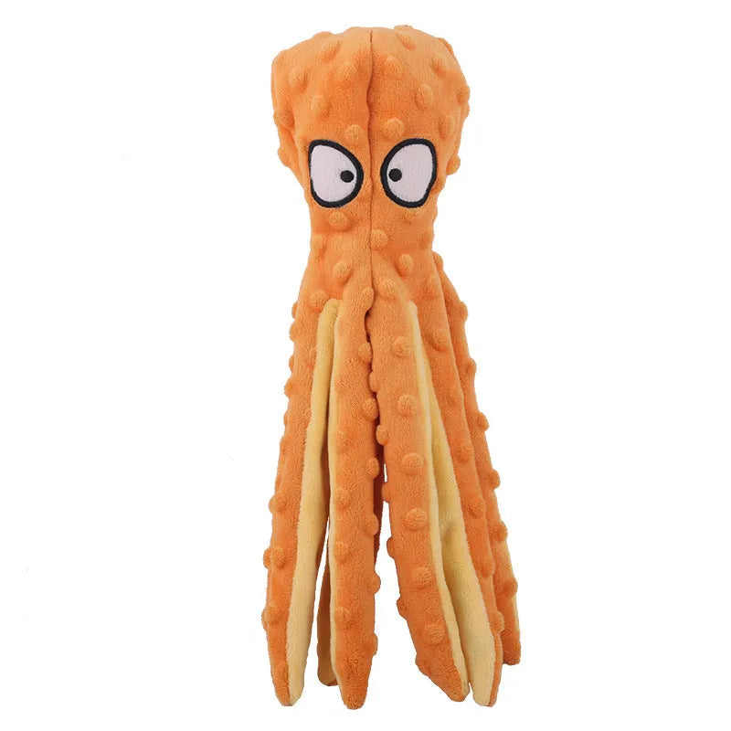 Blue, green, orange, and purple octopus-shaped dog squeaky toys with no stuffing on a white background.