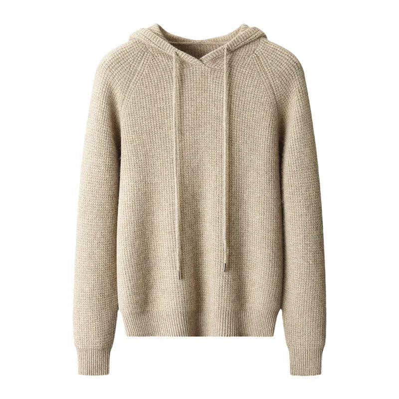 Hooded cashmere sweater in camel, loose fit, long sleeves, winter pullover on model