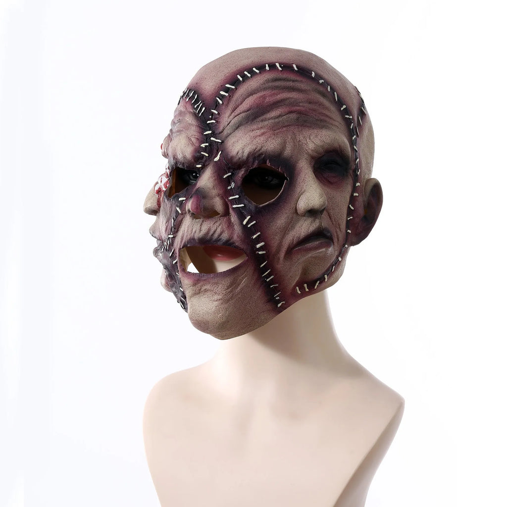 Three-sided grimace horror Halloween mask showing detailed latex texture and facial expression
