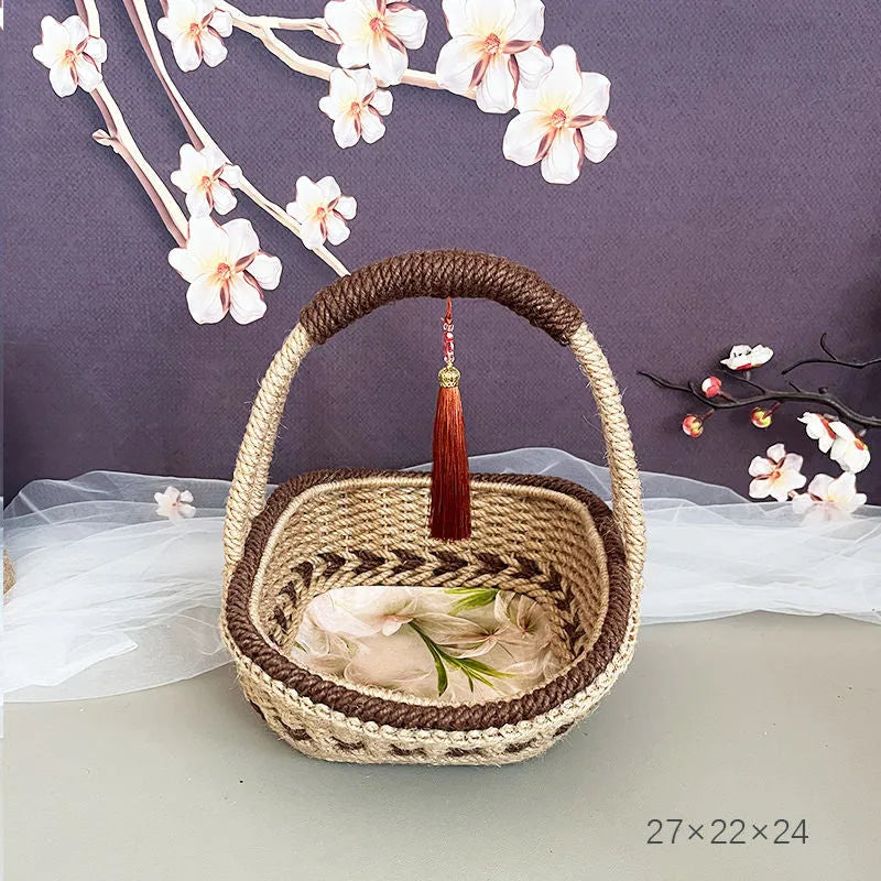 Hand-woven straw basket with hemp rope finish in coffee brown colour