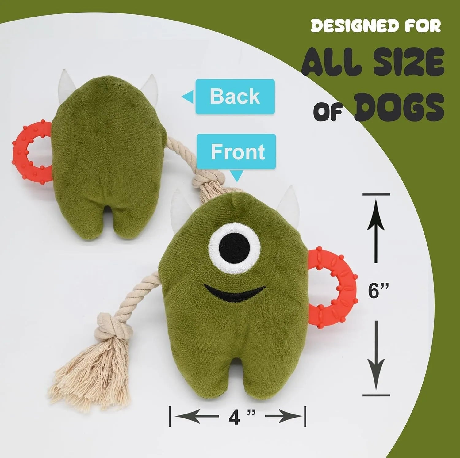 Blue and green monster dog toys with plush bodies and cotton rope limbs.