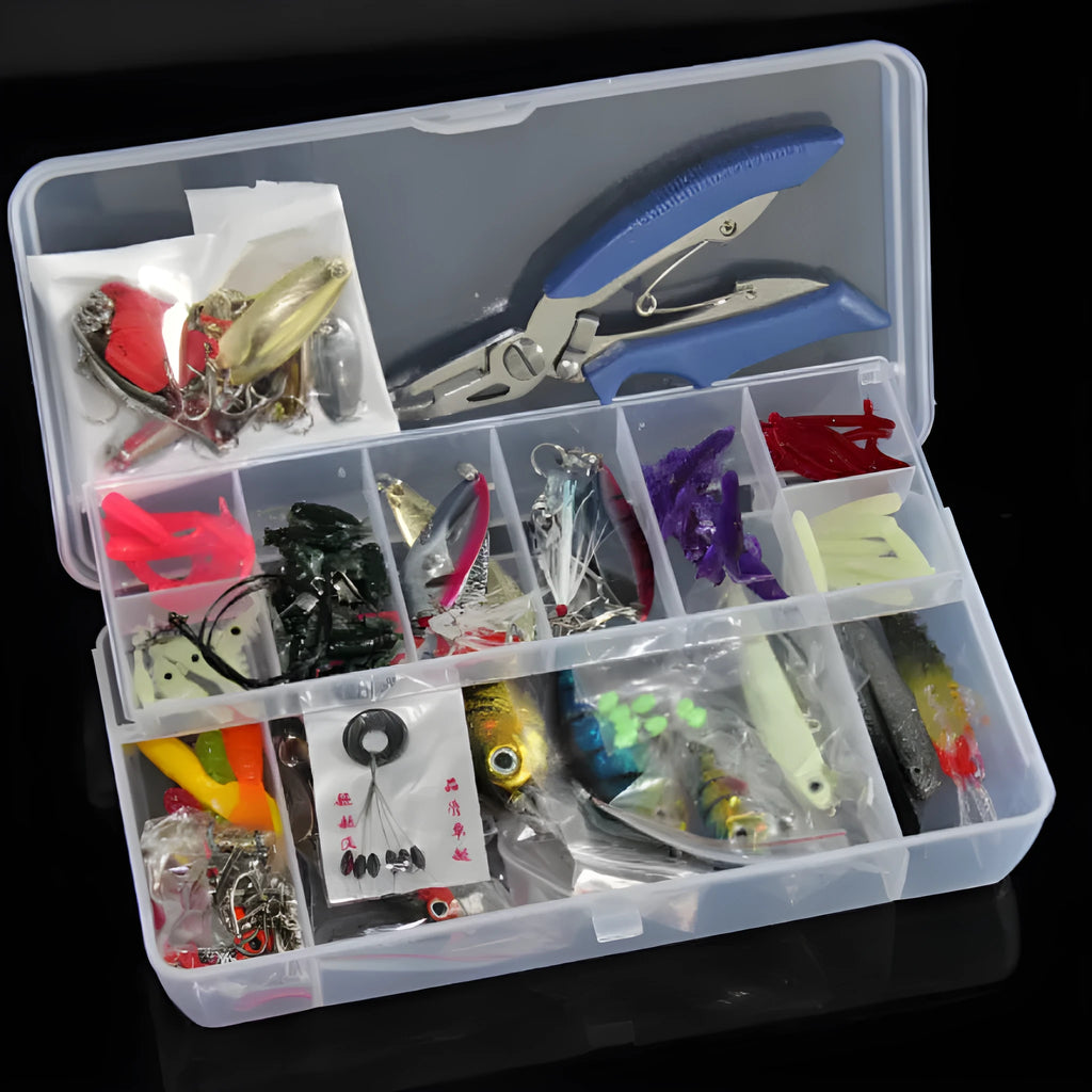132-piece fishing lure set in rose red treasure colour with plastic baits and steel hooks