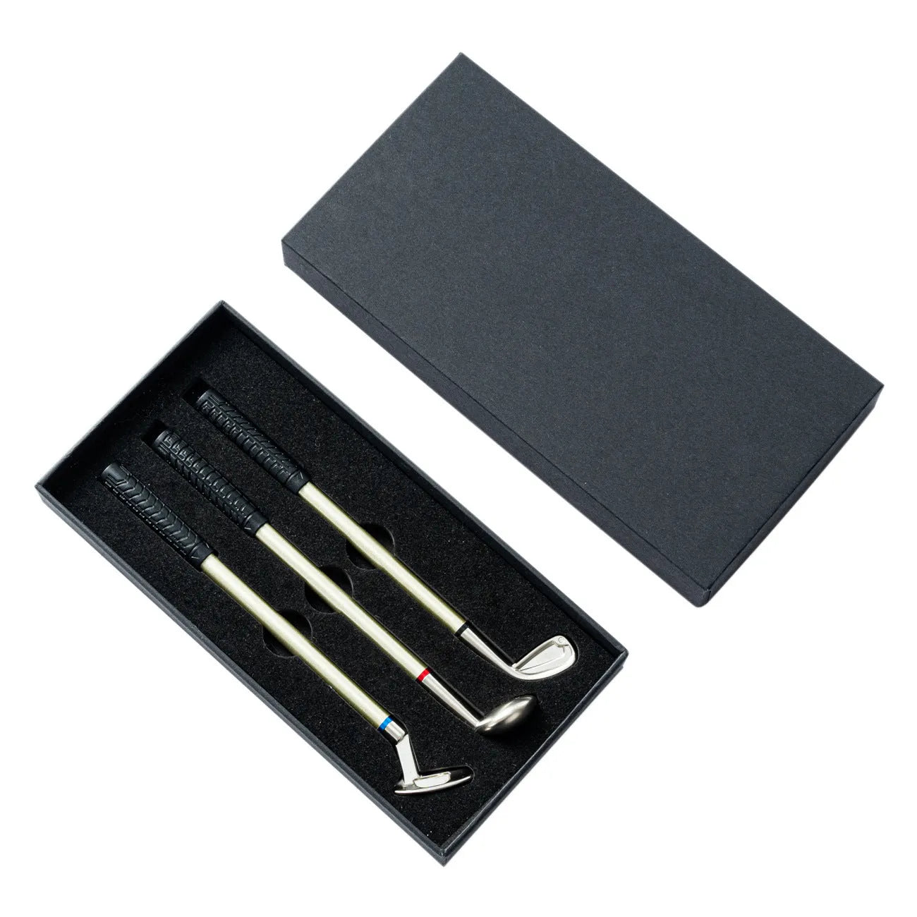 Three metal ballpoint pens with golf suit design showing 0.7mm bullet-type pen heads